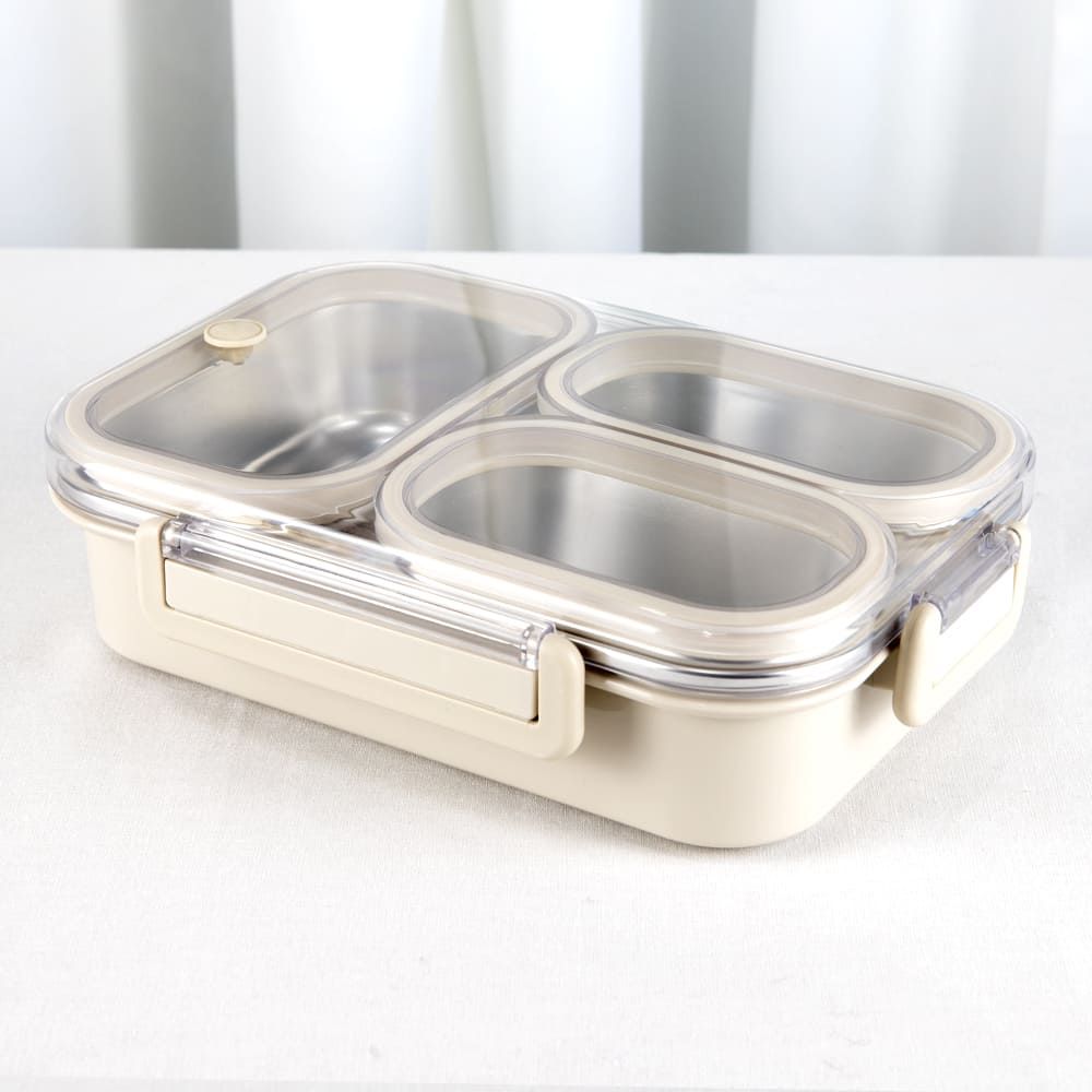 Coobinox® Microwave-Safe Stainless Steel Lunch Box (CO-40-23) - SUS 304 Triple Compartment (800ml, Beige)
